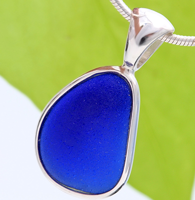 Pale Blue Sea Glass Pendant Necklace with Aqua and Cobalt Blue Glass Beads