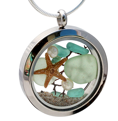 Genuine sea glass in a stainless steel locket with pearls and starfish