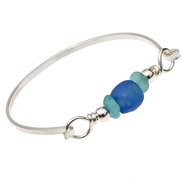 Tropical Aqua Sea Glass Sterling Bangle Bracelet With Recycled Blue Glass Bead
