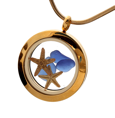 Gold sea glass locket with starfish and real sea glass